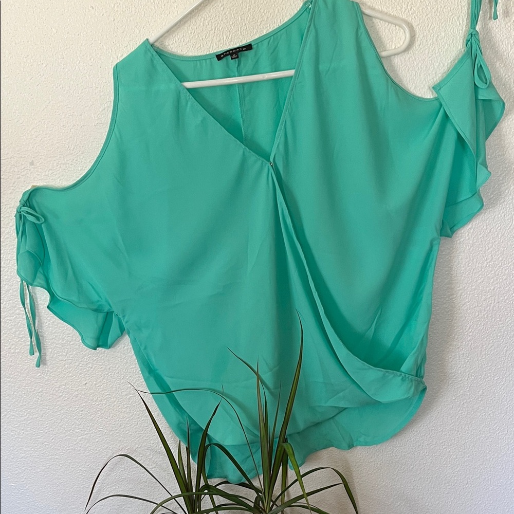 Staccato Teal Cold-Shoulder V-Neck Blouse